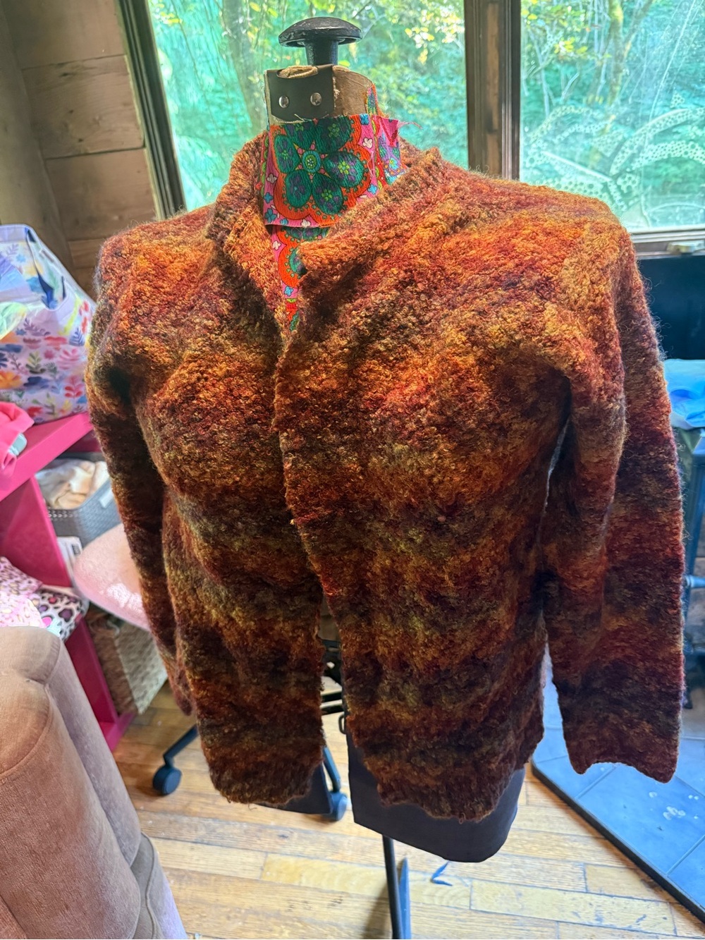 Women’s Vintage Open-Front Cardigan in Burnt Orange and Brown